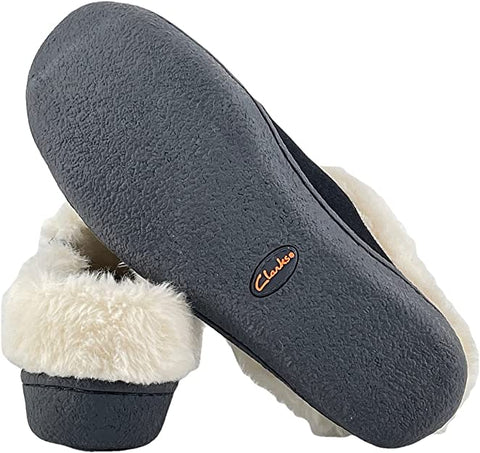 Clarks Black Suede Leather Faux Fur Lined Comfortable Round Toe Ankle Slippers