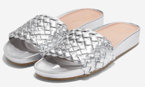 Cole Haan Mojave Slide Silver Leather Slip On Rounded Open Toe Flat Sandals