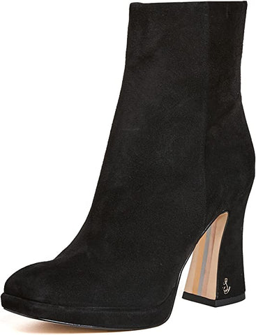 Sam Edelman Jaye Black Suede Block Heel Rounded Toe Leather Ankle Boots