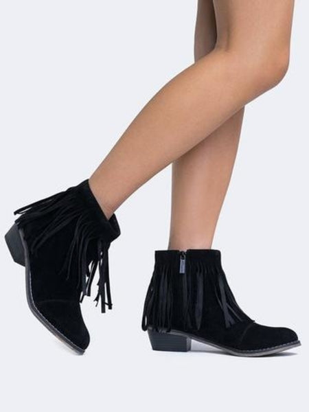 Breckelles Women Suede Fringe Cap Toe Ankle Booties Boots