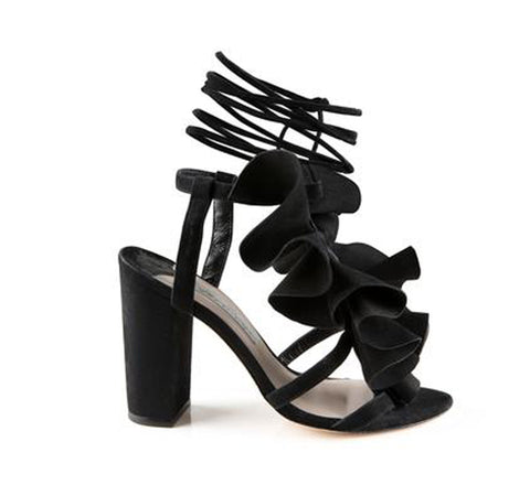 Ashley Cole Leta Black Nubuck Ruffle Block Heel Open toe City Designer Sandals