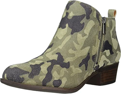 Lucky Brand Basel Camo Cozy Block Heel Almond Toe Pull On Suede Ankle Booties
