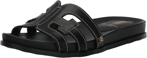 Sam Edelman Nettie Black Leather Slip On Open Toe Flats Slides Sandals