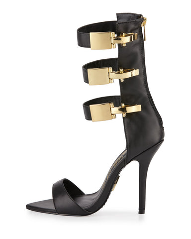 Lust For Life Tribe Black Leather Gold Buckle Triple Single Sole Mic Calf Sandal