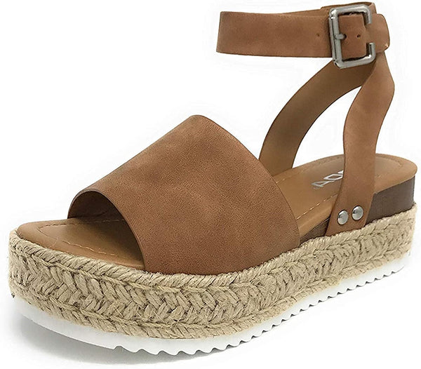 Soda Topic Open Toe Buckle Ankle Strap Espadrilles Flatform Wedge Casual Sandal (6.5, Tan)