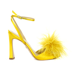 Sam Edelman Leon Ochre Satin Feather Pom Pom Detail Ankle Strap High Heel Sandal