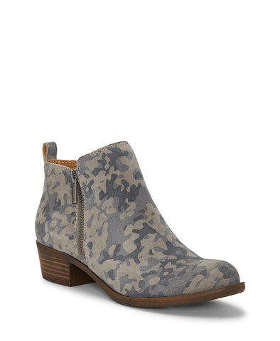 Lucky Brand Basel Titanium Camo Ankle Zipper Block Low Heel Pointed Toe Booties