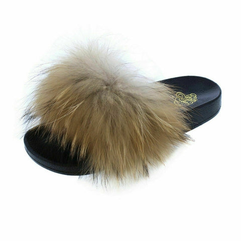 Liliana Nomi-17 Tan Luxury Real Raccon Fur Slippers Slides Flat Soles Mule