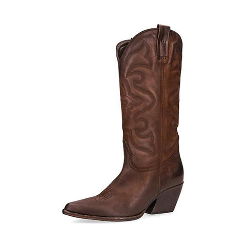 Steve Madden West Brown Leather Midcalf Western Details Block Heel Pull On Boots