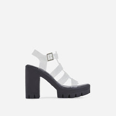 Lemonade Toffee Black Platform Clear Straps Ankle Buckle Block Heel Sandals