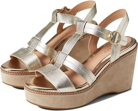 Cole Haan Cloudfeel All Day Wedge Gold Leather Ankle Strap Heeled Sandals