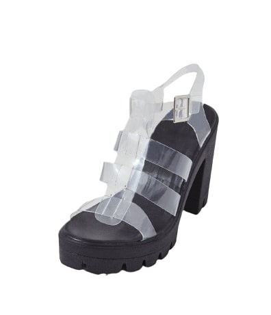 Lemonade Toffee Black Platform Clear Straps Ankle Buckle Block Heel Sandals