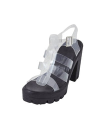 Lemonade Toffee Black Platform Clear Straps Ankle Buckle Block Heel Sandals