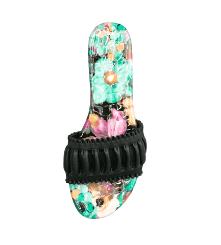 Cecelia New York Liberty Black Turquoise Floral Print Slip On Open Toe Sandals