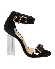 Cape Robbin Maria-16 Black Velvet Open Toe Buckle Square Lucite Clear Block Heel