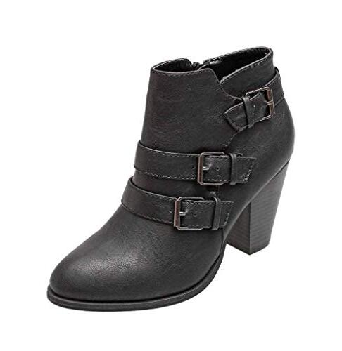 Forever LINK CAMILA-64 Black Women's Buckle Strap Block Heel Ankle Booties