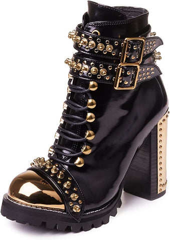 Jeffrey Campbell Scorpius Black Box Leather Gold Metal Rocker Lace-up bootie