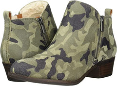 Lucky Brand Basel Camo Cozy Block Heel Almond Toe Pull On Suede Ankle Booties