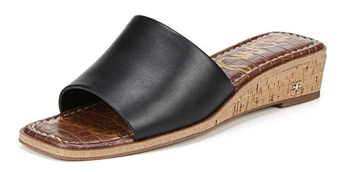 Sam Edelman Valery Black Leather Slip On Slide Square Toe Mule Wedge Sandals