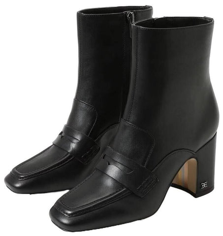 Sam Edelman Fenna Black Leather Almond Toe Block Heeled Fashion Ankle Boots