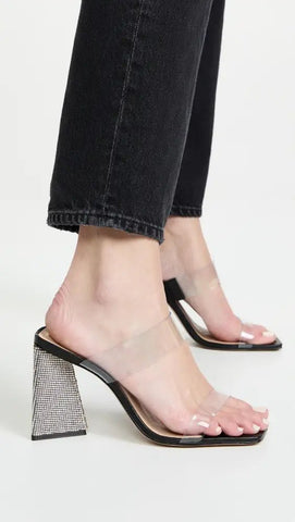 Schutz Ariellen Black Open Toe Translucent Strap Triangle High Block Heel Sandal