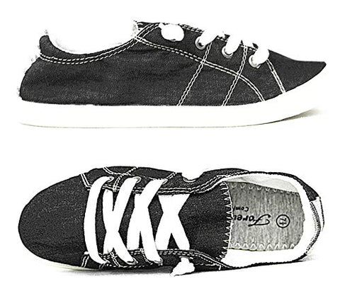 Forever Link Comfort-01 Black Classic Slip-On Fashion Lace Up Tennis Sneakers