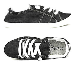 Forever Link Comfort-01 Black Classic Slip-On Fashion Lace Up Tennis Sneakers