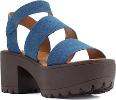 Soda Account Denim Blue Ankle Strap Round Open Toe Strappy Block Heeled Sandals