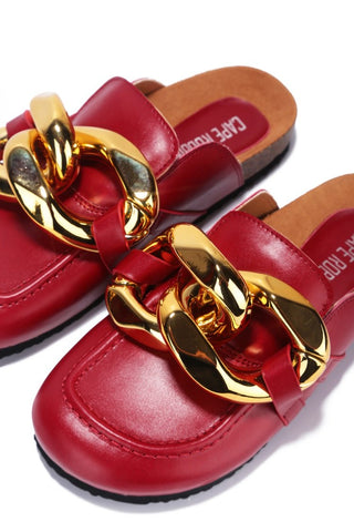 Cape Robbin Colinda Red Vegan Leather Slip On Big Buckle Gold Slide Mule Sandals