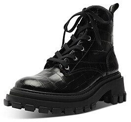 Schutz Black Croc Embossed Lace Up Round Toe Platform Combat Ankle Boots