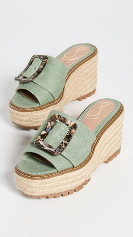 Sam Edelman Livi Soft Jade Squared Open Toe Slip On Buckle Detail Wedge Sandals