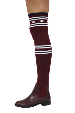 Cape Robbin Metis-1 Burgundy Stars And Stripes Ribbed Knit Over-The-Knee Boots