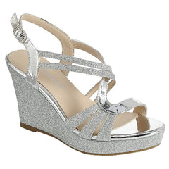 Forever Happy-09 Silver Glitter Strappy Wrapped Wedge Heel Platform Sandals