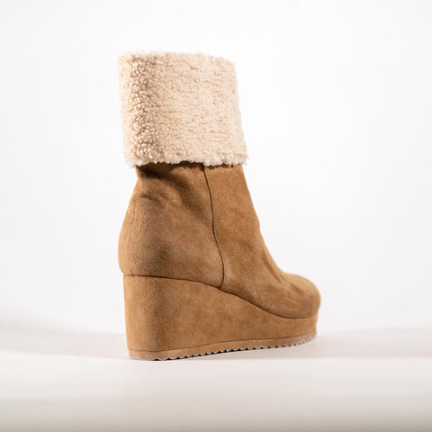 Cecelia New York Geramy Brown Suede Faux Fur Cuff Side Zipper Wedge Heeled Boots