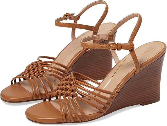 Cole Haan Jitney Knot Pecan Leather Ankle Strap Open Toe Wedge Heeled Sandals