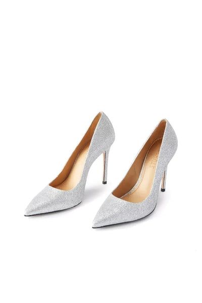 Schutz Caiola Prata Silver Glitter Leather Heeled Pointed Toe Dress Pump