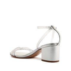 Schutz Elyda Mid Silver Bow Tie Vamp Ankle Strap Open Toe Block Heel Sandals