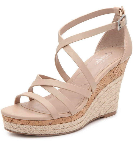Charles David Leawood Nude Leather Open Toe Ankle Strap Platform Wedge Sandals