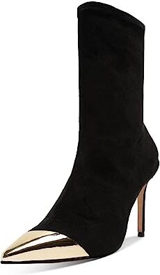 Schutz Luh Black Stretch Suede Gold Pointed Toe Stiletto Heel Fitted Ankle Boots