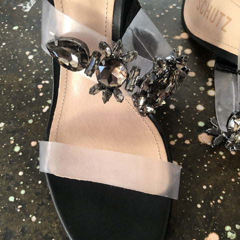 Schutz Laureen Deluxe Nappa Black Crystals Slip On Open Toe High Heel Sandals