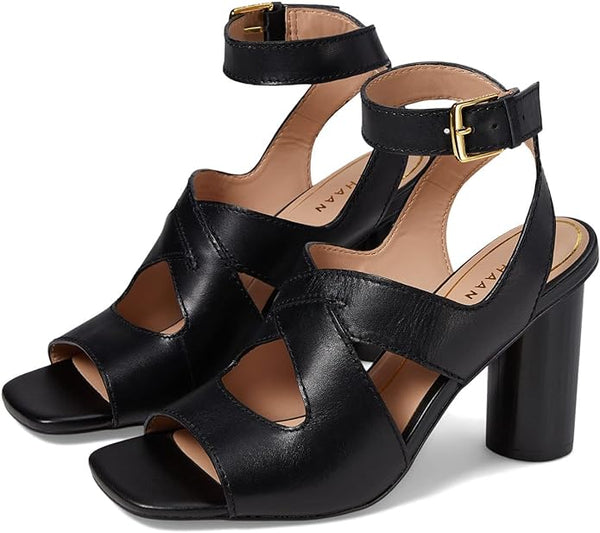 Cole Haan Reina City Black Leather Ankle Strap Open Toe Block Heeled Sandals