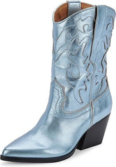 Dolce Vita Landen Electric Blue Leather Pull On Stacked Block Heel Western Boots