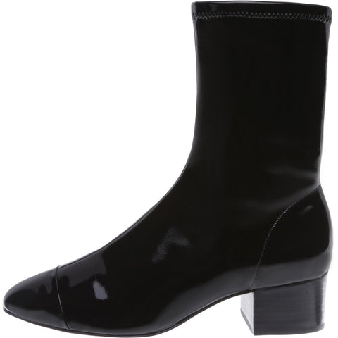 Schutz Lilith Black Patent Leather Fitted Stretch Flat Cap Toe Ankle Booties