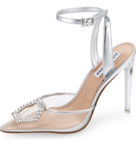 Steve Madden Amory Clear Embellished Pointed Toe Ankle Strap Cushioned Pumps