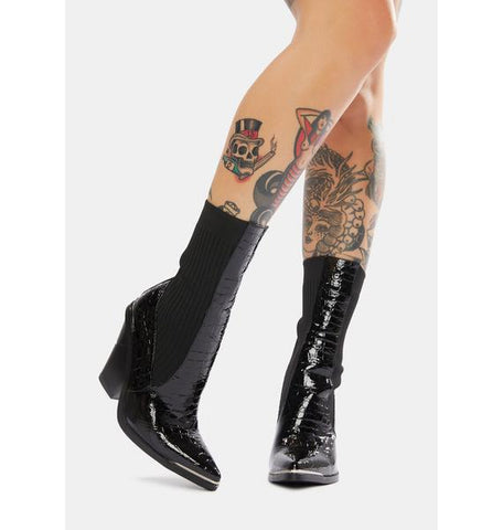 Azalea Wang Katrina Black Ankle Bootie Cut Chunky Heel Pointed Toe Western Boots