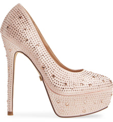 Lauren Lorraine Nude Satin Victoria Platform Formal Rhinestone Pump High Heel