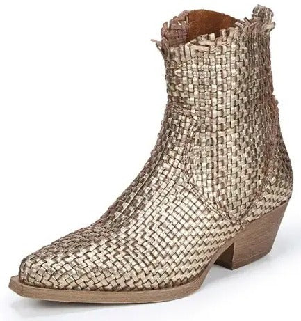 Sam Edelman Blair Light Gold Stacked Heel Pointed Toe Leather Woven Western Boot
