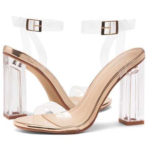 Shoe Land SL-Cllaary Rose Gold Clear Open Toe Ankle Strap Block Heeled Sandals 10