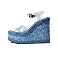 Schutz Caryne Transparente Summer Jeans Blue Ankle Strap Open Toe Wedge Sandals