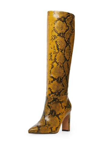 Steve Madden Joanis Yellow Snake Knee High Block Heel Pointed Toe Dress Boots